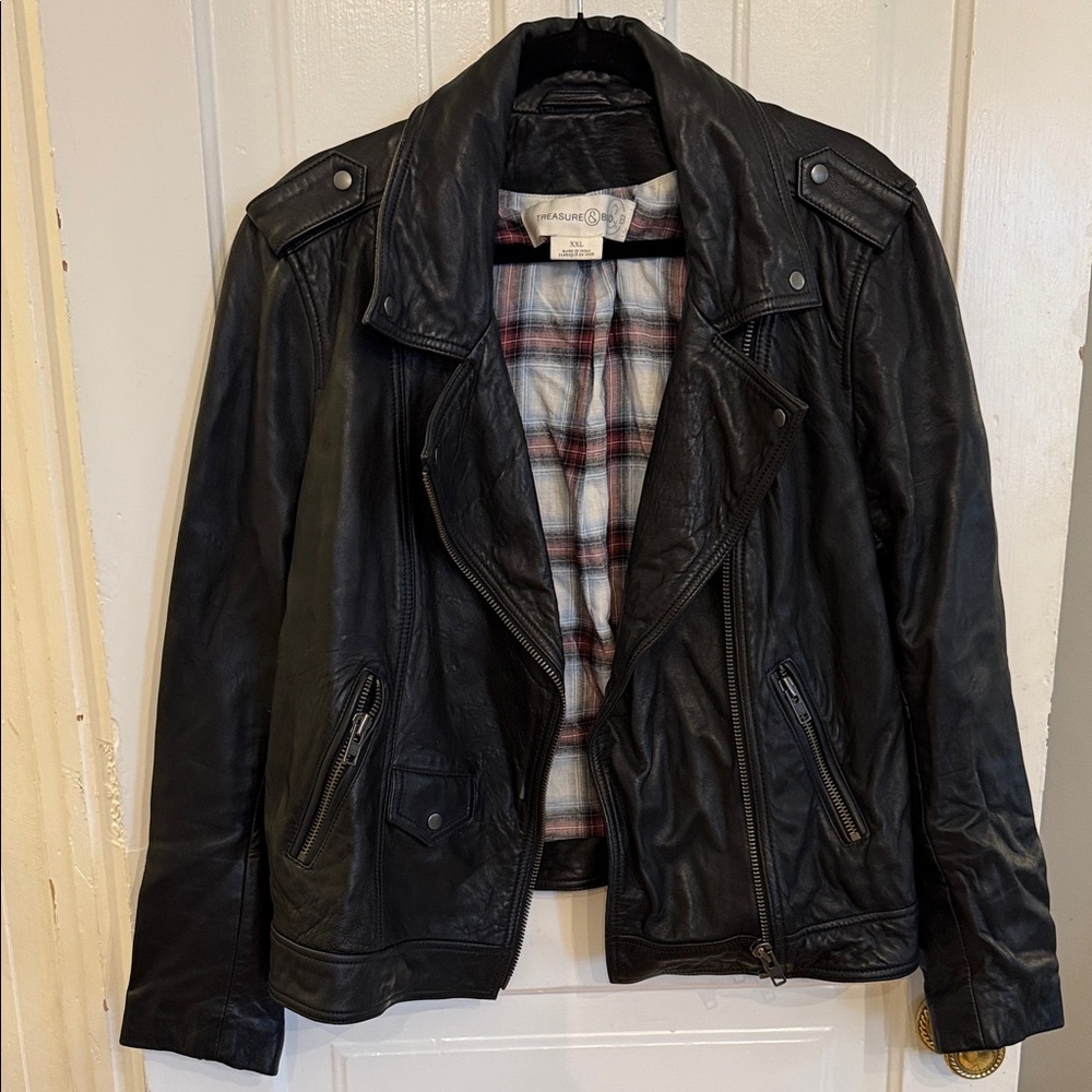 Treasure & Bond Black Leather Coat with Plaid Lining